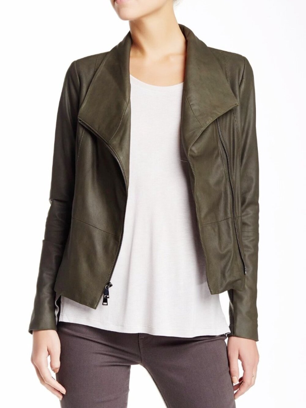 $995+ VINCE Leather Scuba Jacket Black Lustrous Asymmetrical Closure ASH GREY L